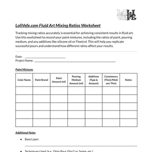 Fluid Art Mixing Worksheet