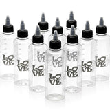 Set of clear bottles with black caps and 'LOVE' text on a white background